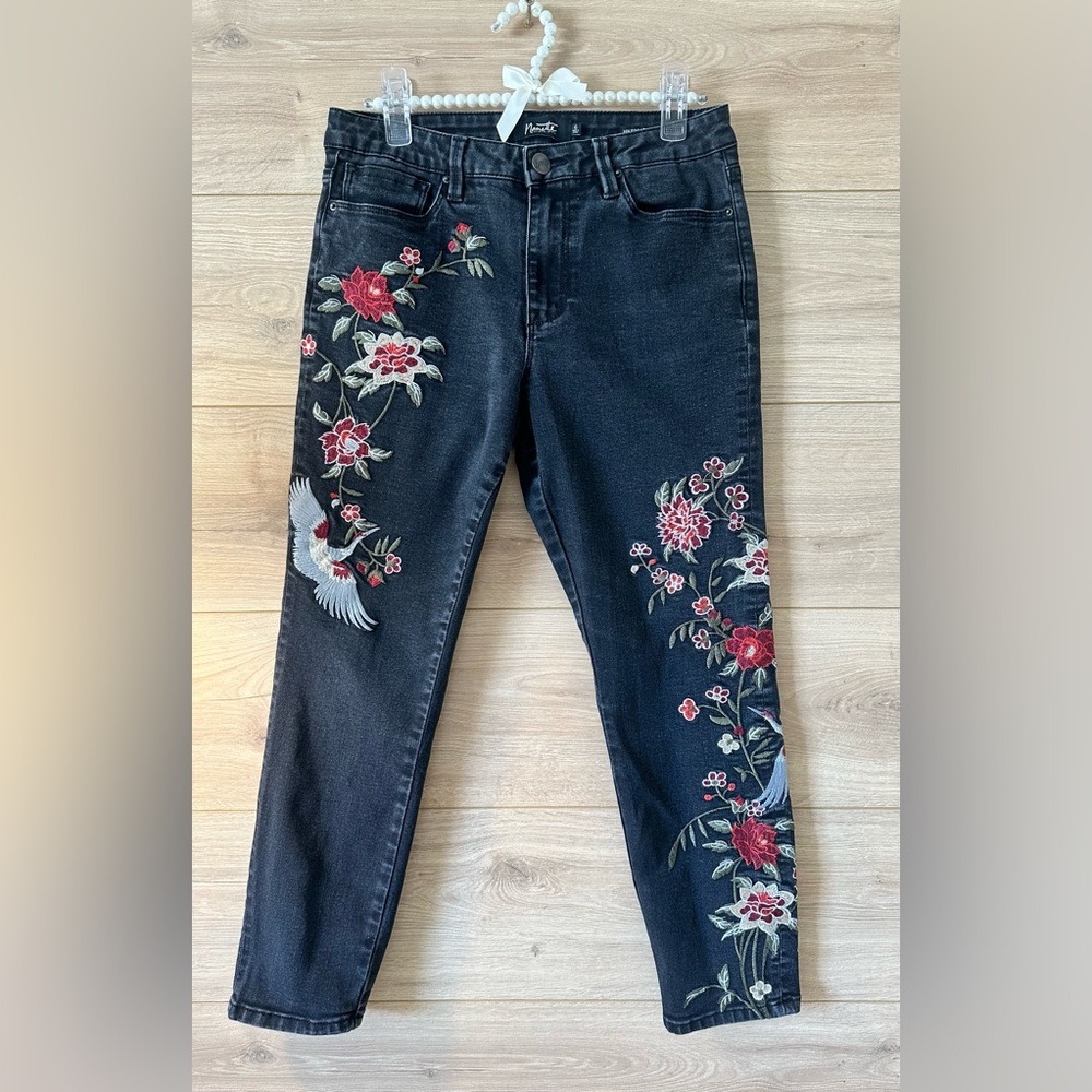Nanette Lepore Black Jeans with Red Floral Embroidery Hw Broadway Crop